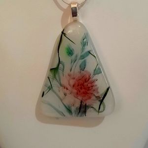 Stained Glass White Triangle Shape Necklace with Fused Flower Decal